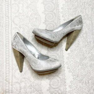 Alice + Olivia Silver Calf Hair Wooden Heels